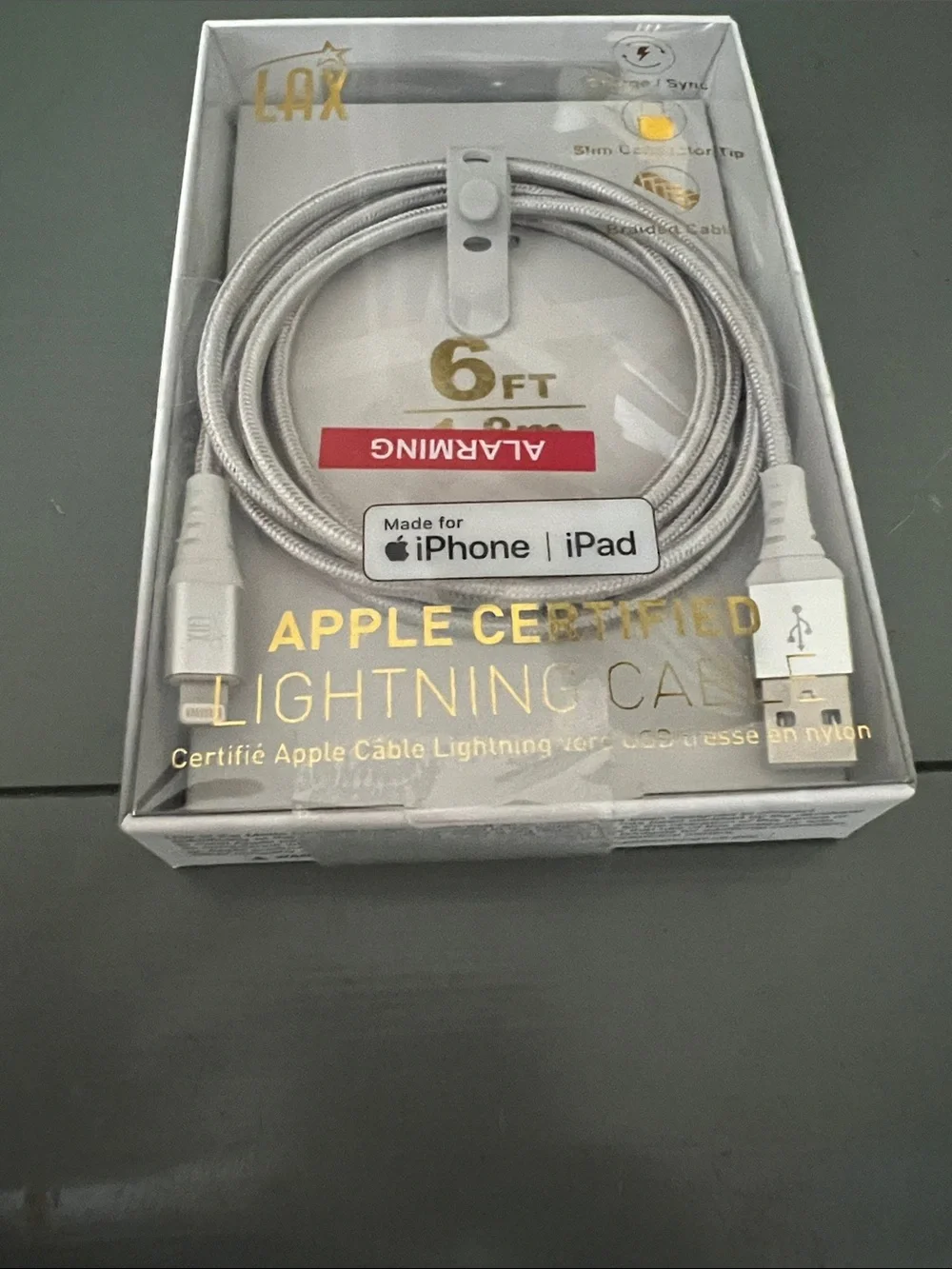 LAX Silver Apple Certified Lightning Cable 6ft for iPhone & iPad